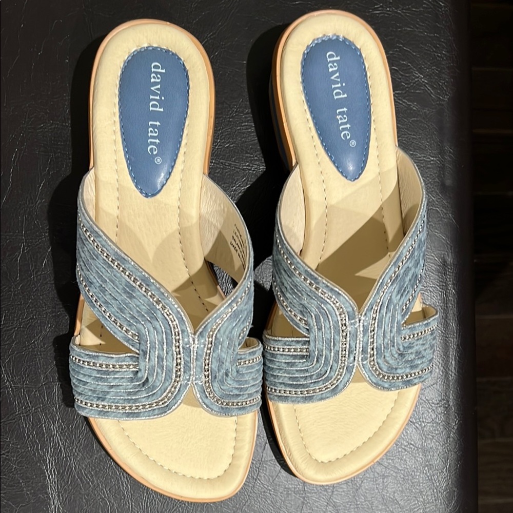 David Tate Blue and Cream Woven Sandals
